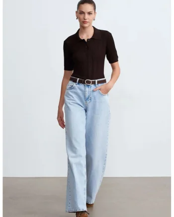 Blugi dama,  talie inalta, picior larg, denim albastru deschis, 100% bumbac