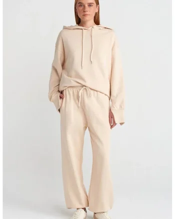 Pantaloni dama,  jogger din fleece cu picior larg, bej natural, 80% bumbac, 20% poliester