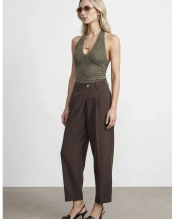 Pantaloni dama,  talie inalta, picior larg, maro cafea, crep