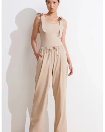 Pantaloni dama,  Wide-Leg Crepe, elastic, bej natural, poliester-viscoza-elastan