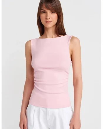 Bluza dama,  bluza din jerseu fara maneci, drapaj, roz pudrat, bumbac-elastan
