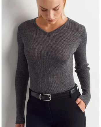 Pulover dama,  slim fit, gri antracit, tricot din poliester si viscoza,