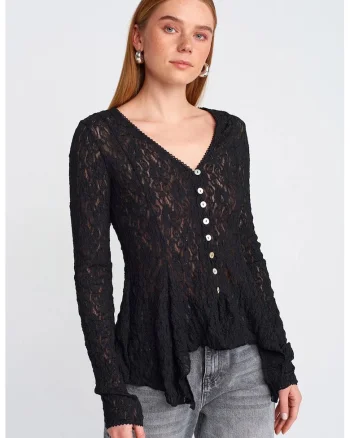 Cardigan  negru, dantela, maneci lungi, inchidere cu nasturi