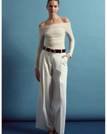 Pantaloni dama,  talie inalta, croiala larga, crem natural, crep,