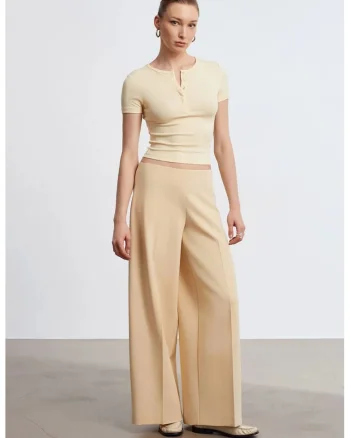 Pantaloni dama,  talie inalta, picior larg, bej natural, Bej Natural
