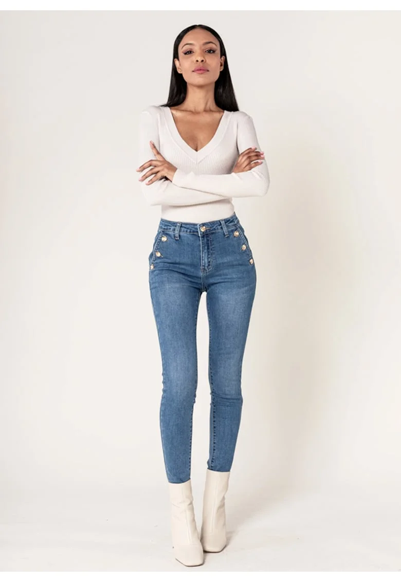 Blugi dama albastri slim cu nasturi  P217-5 M9 18440, Albastru