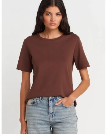 Tricou dama  regular fit, bumbac 100%, maro castaniu, maneci scurte