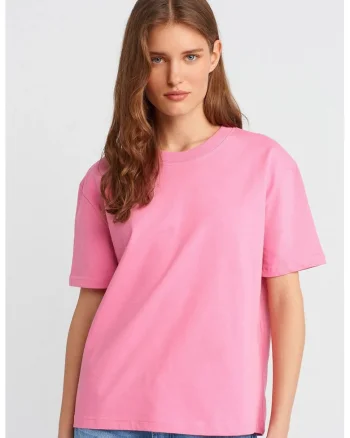 Tricou dama  bumbac, roz aprins, maneci scurte, croiala regular