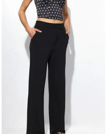 Pantaloni dama,  talie inalta, croiala dreapta, negru, poliester-elastan