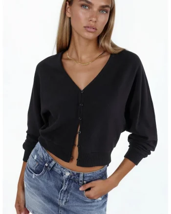 Cardigan scurt  negru, tricot din amestec de bumbac, poliester si elastan, decolteu in V, maneci lungi