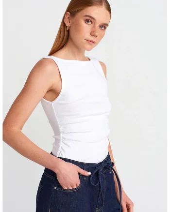 Bluza dama,  jerseu fara maneci, alb, bumbac-elastan