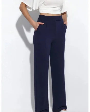 Pantaloni dama  talie inalta, croiala dreapta, albastru marin, poliester-elastan