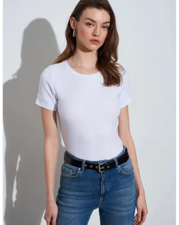 Tricou dama,  tricou cu guler rotund, slim fit, alb, bumbac-modal-elastan