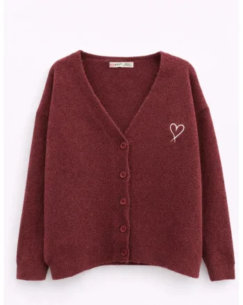 Cardigan,  supradimensionat, rosu burgundy, tricotaj cu broderie,