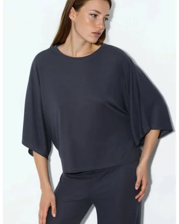 Bluza  casual, gri inchis, croiala lejera, cu nervuri, din amestec de modal, poliester si elastan