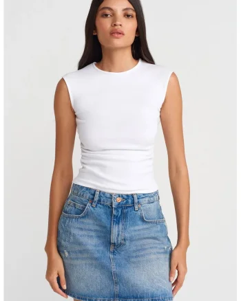 Tricou dama,  tricou fara maneci, alb, bumbac-elastan