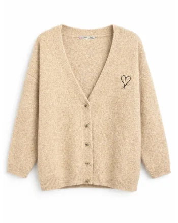 Cardigan tricotat supradimensionat,  detaliu inima, bej natural, poliester-acril-lana,