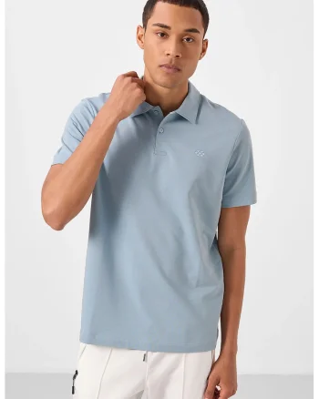 Tricou polo  barbati, albastru pudra, amestec de bumbac, cu buton