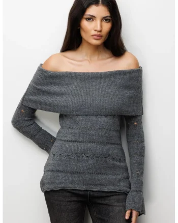 Pulover dama  cu umeri goi, gri inchis, 100% poliester
