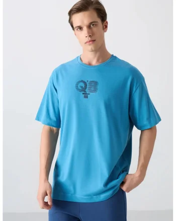 Tricou barbati,  supradimensionat, guler rotund, albastru, bumbac si poliester