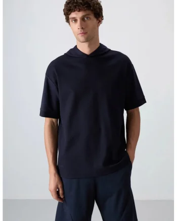 Tricou barbati,  supradimensionat, cu gluga, albastru marin, bumbac si poliester