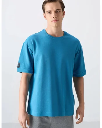 Tricou  barbati, croiala oversized, albastru cerulean, bumbac 93%