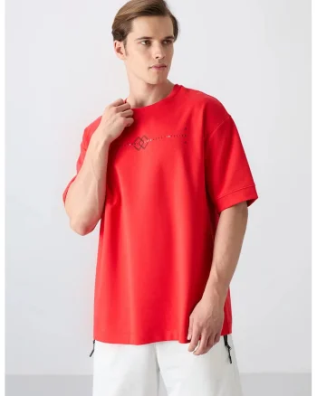 Tricou supradimensionat,  imprimeu pe spate, rosu, bumbac si poliester