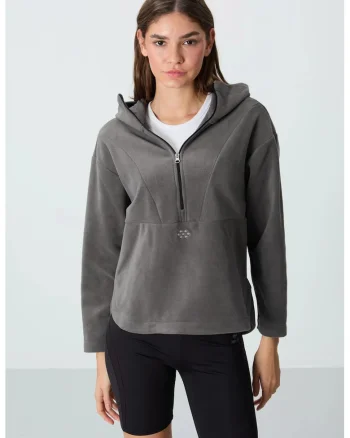 Hanorac dama  oversized cu gluga, gri carbune, fleece, fermoar