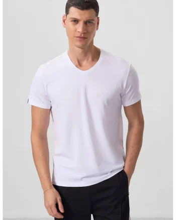 Tricou  barbati, alb, bumbac si elastan, decolteu in V