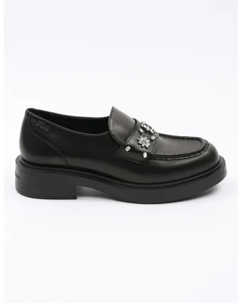 Pantofi loafer din piele cu strasuri, Negru