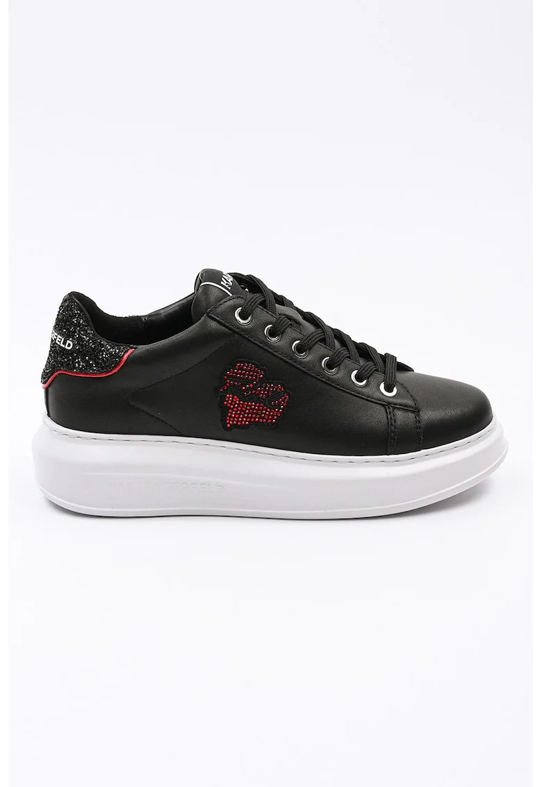 Pantofi sport de piele cu logo si strasuri Heart of Karl, Rosu/Negru
