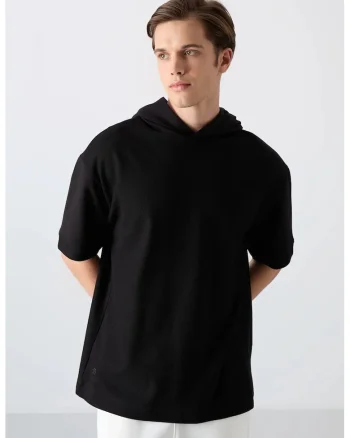Tricou barbatesc  supradimensionat, cu gluga, negru, bumbac