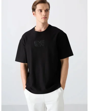 Tricou  Oversized, Brodat, Negru, Amestec de Bumbac