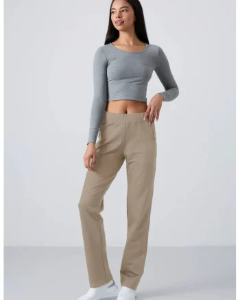 Pantaloni de trening,  croiala dreapta, cu fermoar, bej inchis, bumbac, poliester, elastan