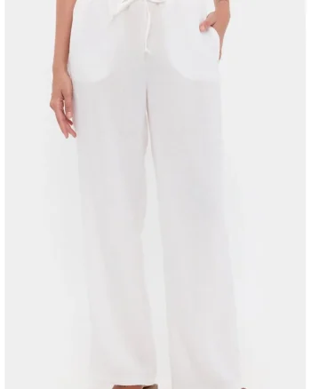 Pantaloni dama  cu talie inalta, croiala dreapta, detalii cu snur, Natural, 100% poliester