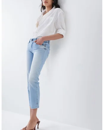 Blugi crop cu croiala dreapta si talie medie, Albastru deschis