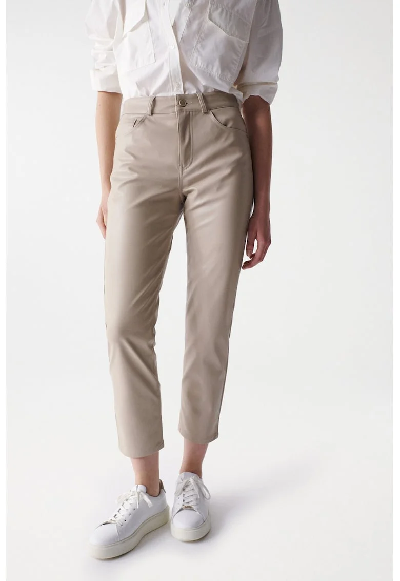 Pantaloni crop din piele ecologica, Maro taupe deschis