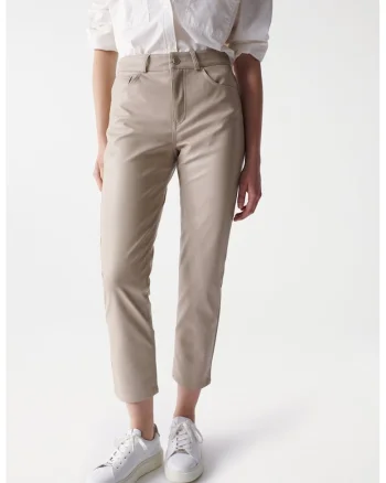 Pantaloni crop din piele ecologica, Maro taupe deschis