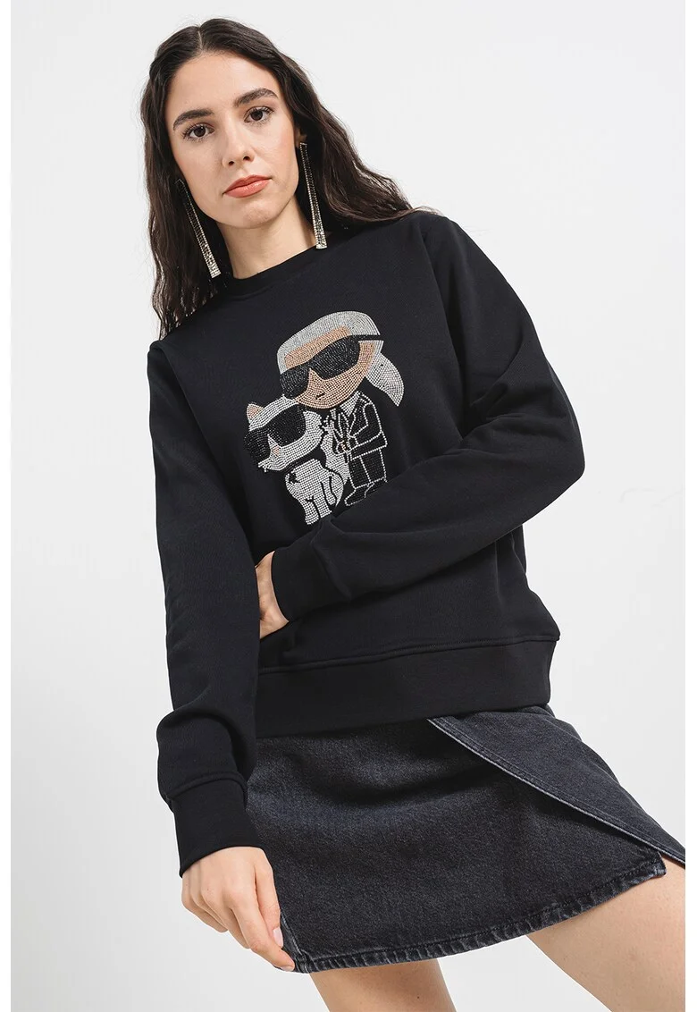 Bluza de trening de bumbac organic cu logo din strasuri, Negru/Argintiu