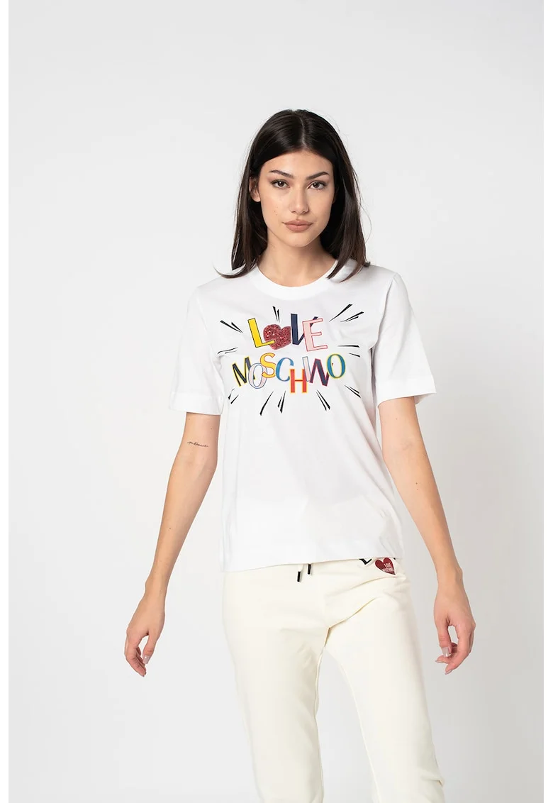 Tricou cu imprimeu logo si decolteu la baza gatului, Rosu/Alb