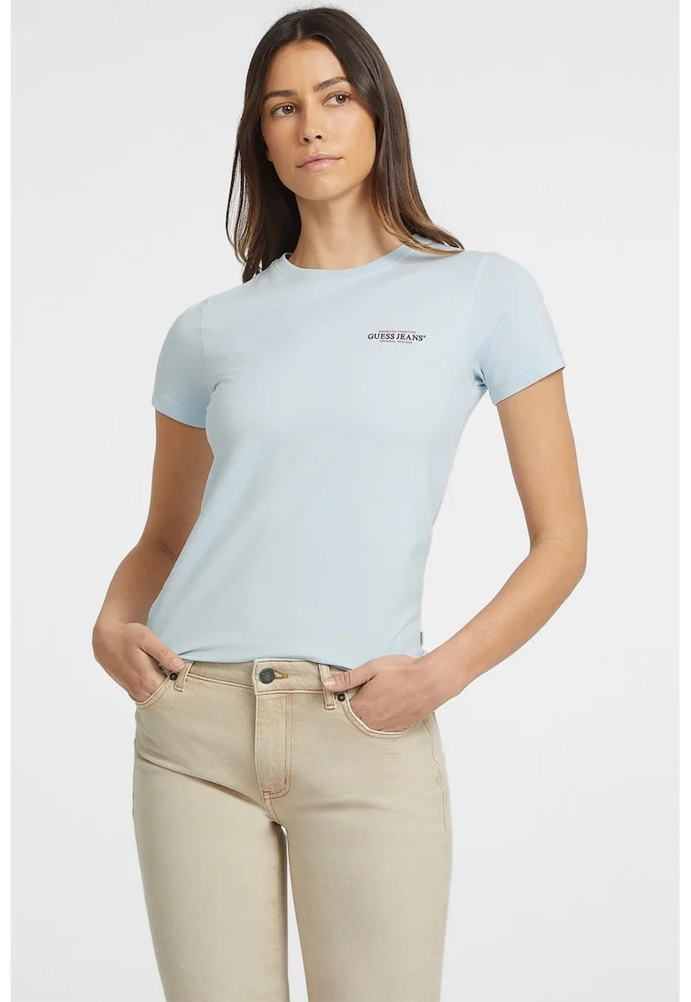 Tricou slim fit cu decolteu la baza gatului, Albastru deschis