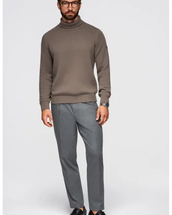 Pulover din bumbac cu guler inalt si model uni, Maro taupe