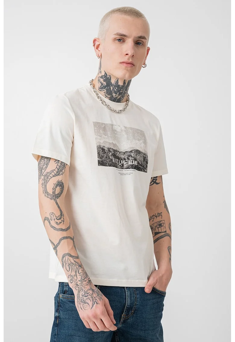Tricou regular fit cu imprimeu foto Austin, Alb fildes/Gri