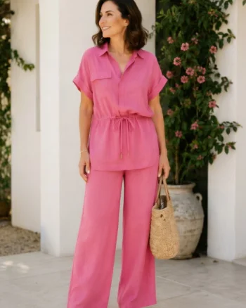 Compleu din vascoza cu pantaloni palazzo si bluza cu cordon, fucsia