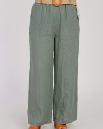 Pantaloni de vara din in, croi palazzo, cu curea in talie, kaki