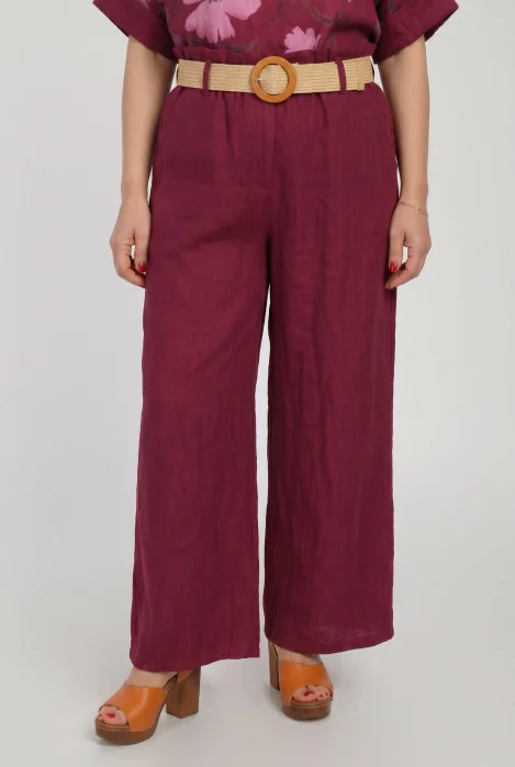 Pantaloni de vara din in, croi palazzo, cu curea in talie, bordo
