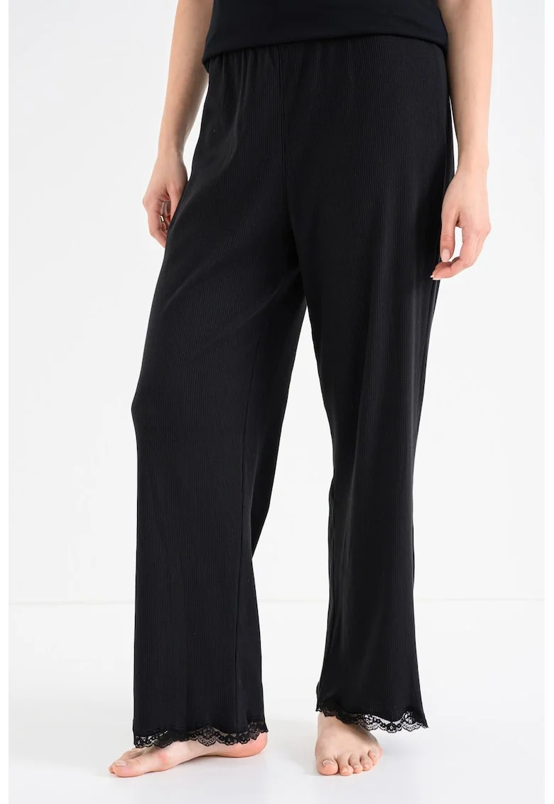 Pantaloni de pijama cu croiala ampla si garnitura din dantela, Negru