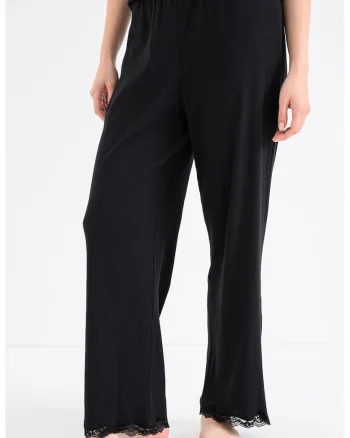 Pantaloni de pijama cu croiala ampla si garnitura din dantela, Negru