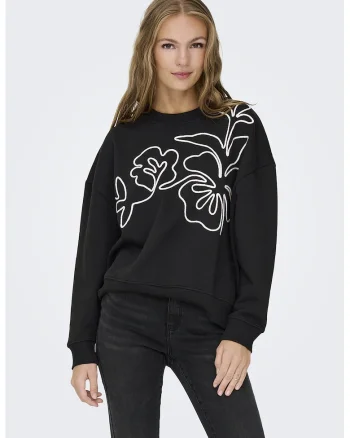 Bluza de trening cu broderie florala, Alb/Negru