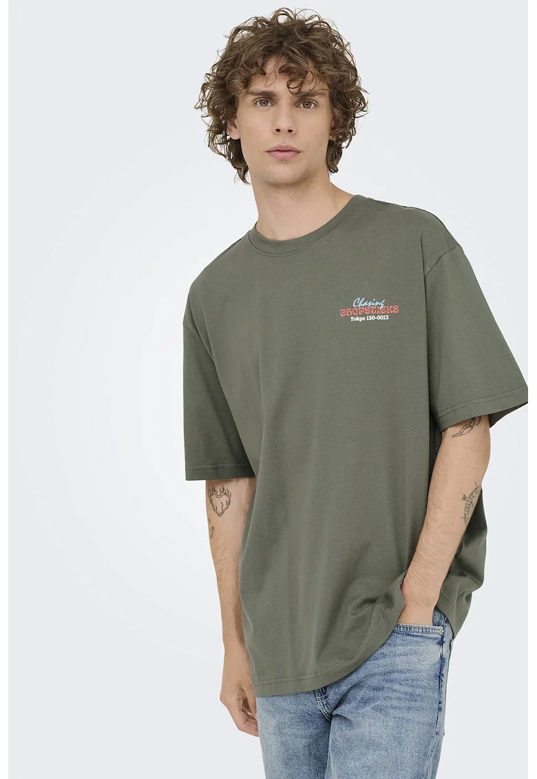 Tricou lejer din bumbac organic cu imprimeu grafic, Verde feriga